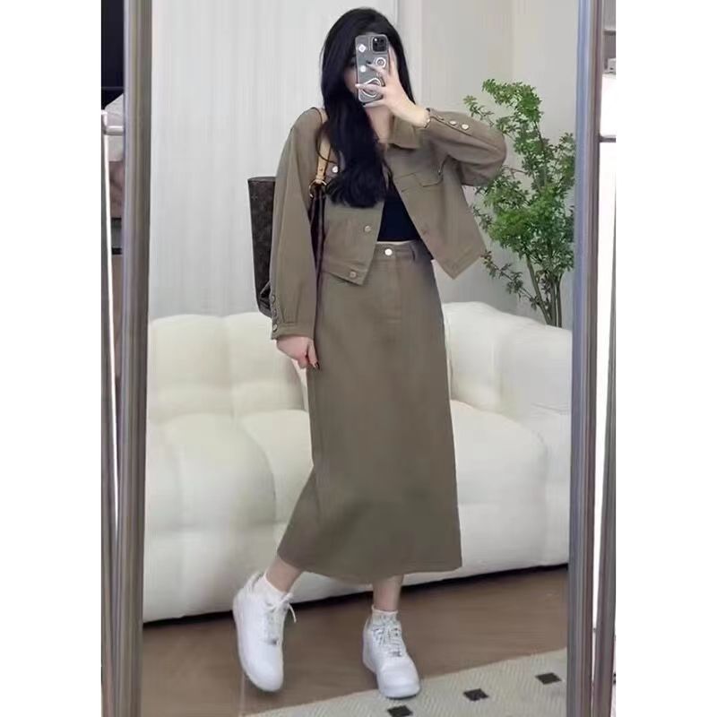 大码女装2025年春秋新款胖mm时尚遮肉短款牛仔外套潮insa字半身裙|undefined