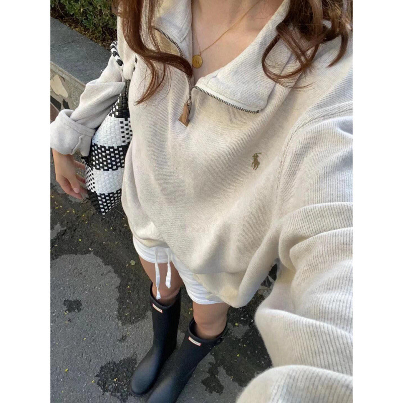 标半拉链宽松美式卫衣男polo情侣卫衣女复古长袖翻领|undefined