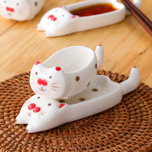 Ceramic Dip Dish Household Creative Japanese Kitten Chopsticks Rack Spoon Holder Sauce Dish Cute Cartoon Seasoning Sauce Dish