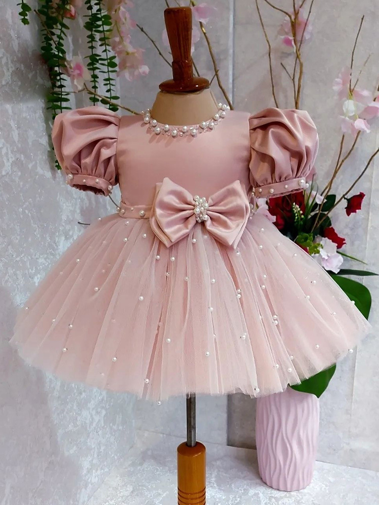 Abito rosa da principessa con maniche a sbuffo e fiocco ricamato a mano, abito da bambina di un anno, stile europeo e_voghion.com
