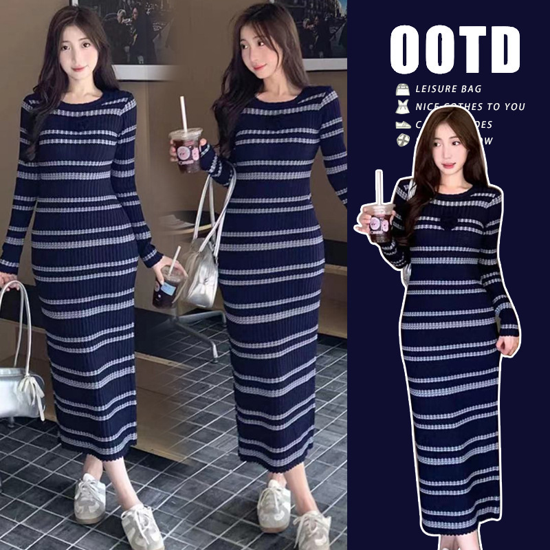 Maternity Wear Korean Style Slimming Belly-Covering Knitted Striped Elastic Dress Sexy Petite Maternity Dress