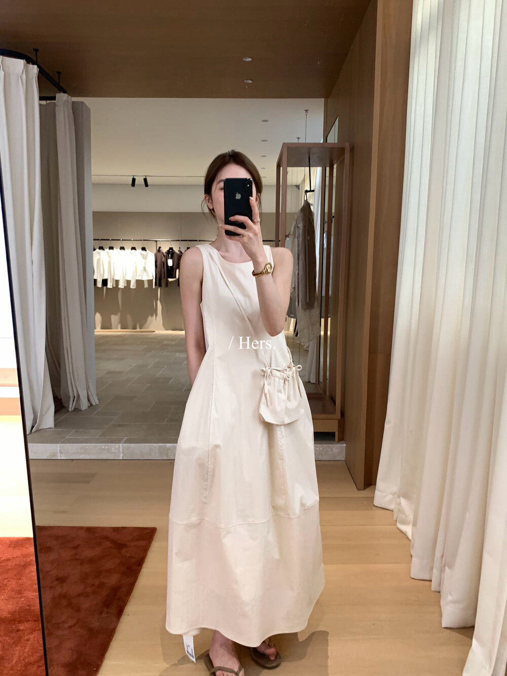 Đầm maxi nữ thắt eo không tay phong cách Pháp tối giản — Cam trần, màu trắng chi tiết 25