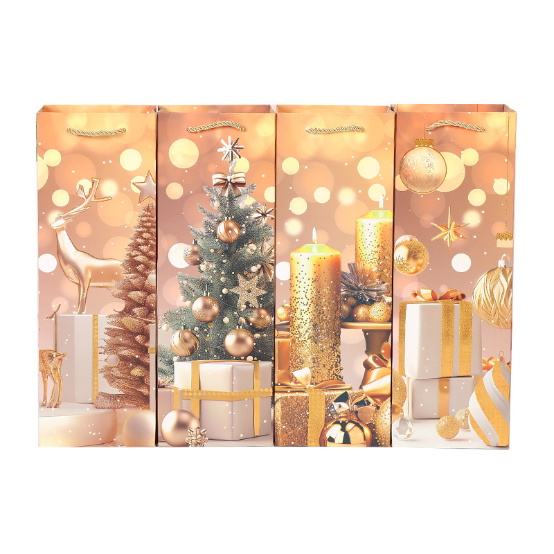 圣诞金色系列酒袋单支装红酒礼品袋外贸跨境新年节日手提袋现货