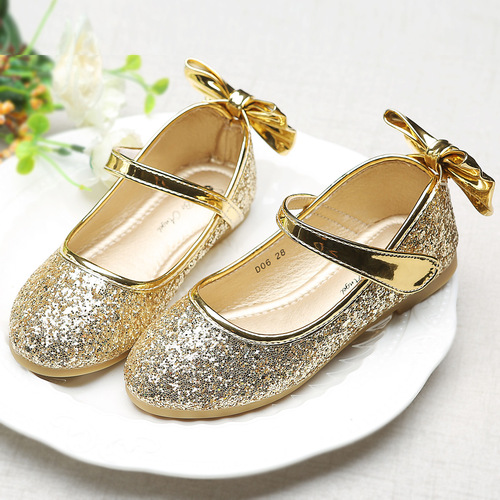 Dance Dress Shoes for Girls, Soft Flat Single Shoes with Gold Elsa Crystal, Princess Shoes for Girls