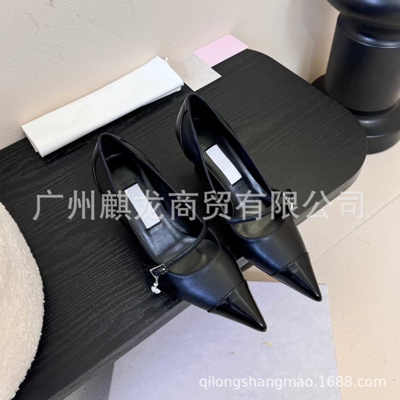 高端2025新款真皮尖头拼色浅口仙女风一字带高跟鞋时尚气质单鞋女|undefined