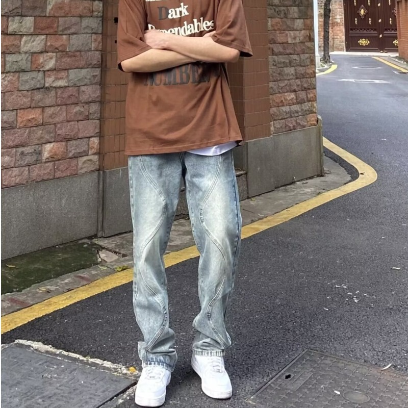 2023 American Retro Curve Stitching Jeans Heavy Industry Niche Design Sense Loose Straight All-match Casual Pants