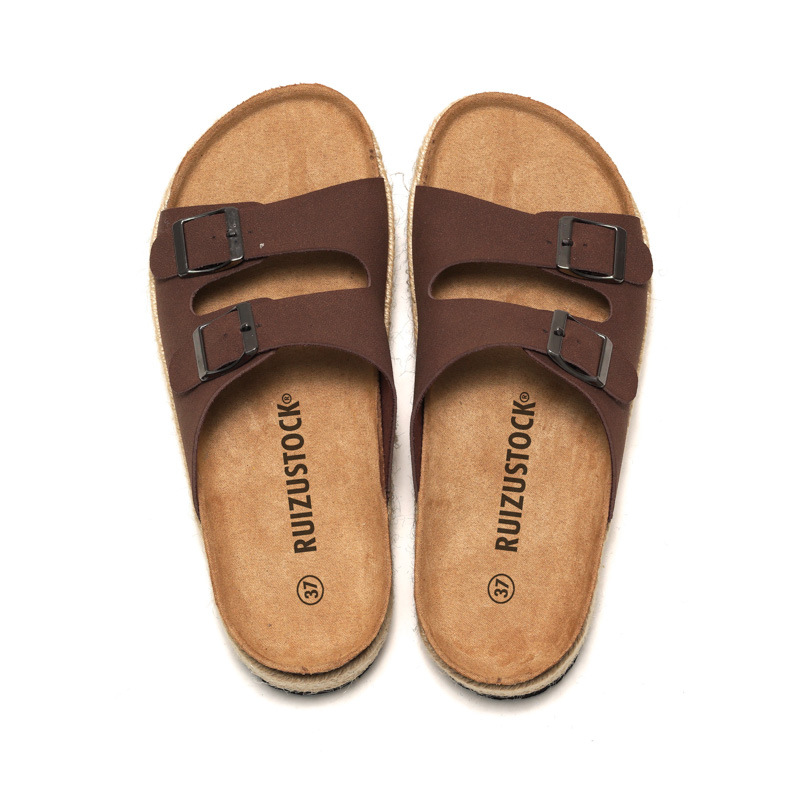RUIZUSTOCK Sommer Neue Damen Kork Hausschuhe Dicke Sohle Damen Strand Sandalen Gewebtes Wildleder Doppelschnalle_voghion.com