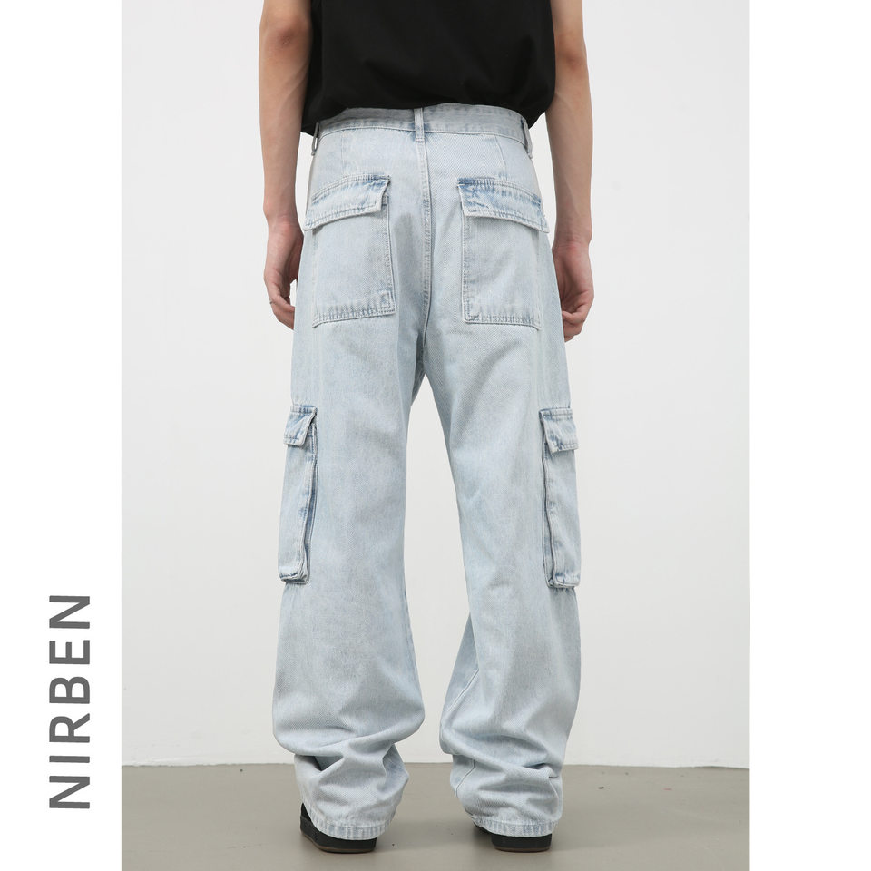 Quần jean nam ống rộng ống đứng dáng suông, vải denim giặt cổ điển, nhiều túi — Màu xanh lam