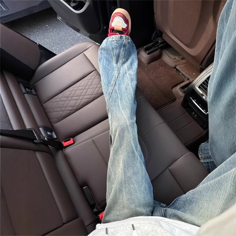 Vibe Lightning Pattern Diagonal Cut Jeans for Men, Spring and Autumn High Street Style, Couple's Slightly Flared Scimitar Pants, Slim Straight High-Waisted Pants