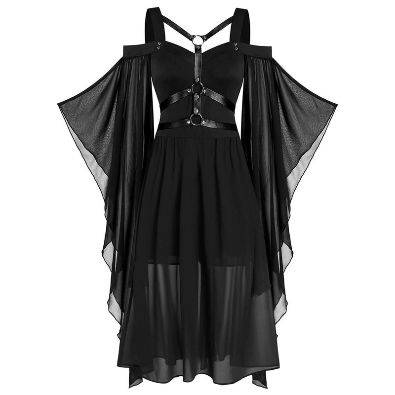 Cross-Border Gothic Style Large Swing Sleeves Asymmetrical Splicing Halloween Witch Suspender Straps Large Swing Dress 9052