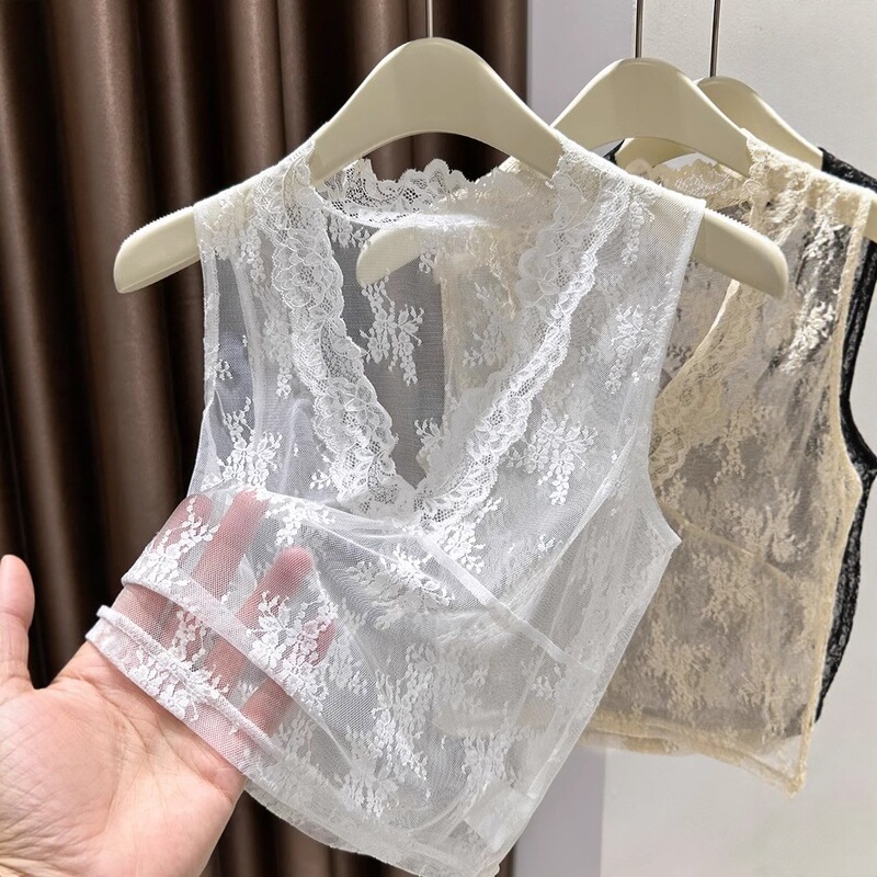 French New Style Deep V Neck Half Short Mesh Fake Collar Lace Camisole Women's Inner Layering Shirt