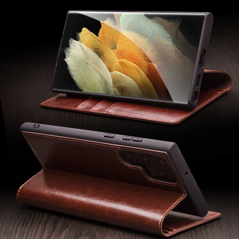 Qiali Is Suitable for Samsung Galaxy S24 Ultra Phone Case, Genuine Leather S26Plus Protective Cover with Flip Cover and Card Slot