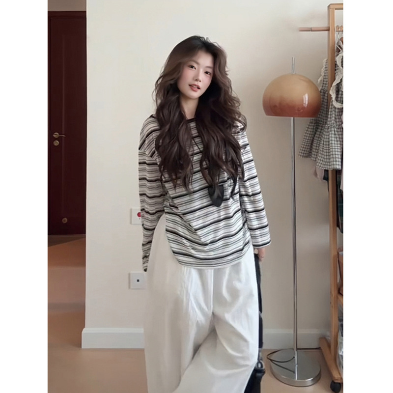 韩系条纹防晒罩衫长袖T恤女早秋慵懒宽松miu系空调衫微透薄款上衣|undefined