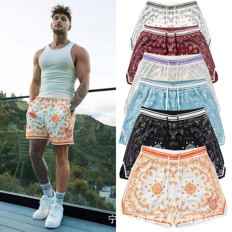 American YOUNGL Trendy Cashew Flower Shorts Men's Breathable Quick-drying Loose Summer Mesh Casual Sports Quad Pants