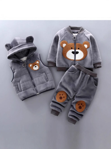 New Autumn/Winter Baby Padded Set for Kids, Three-Piece Set with Embroidered Bear, Thick Kids' Outfit for Dropshipping