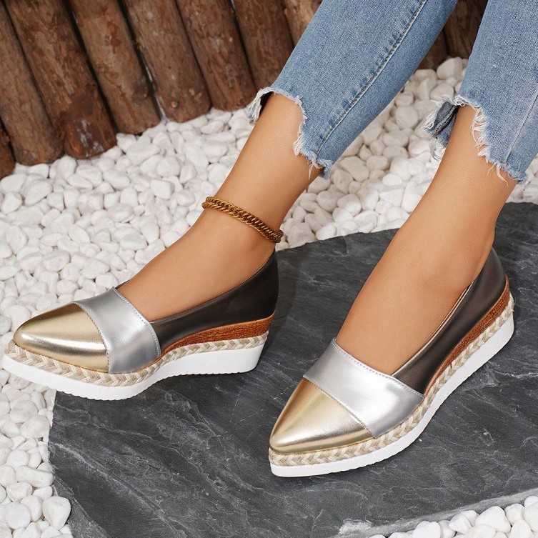 欧美外贸大码女鞋2025春季新款尖头坡跟麻绳厚底多色时装休闲单鞋