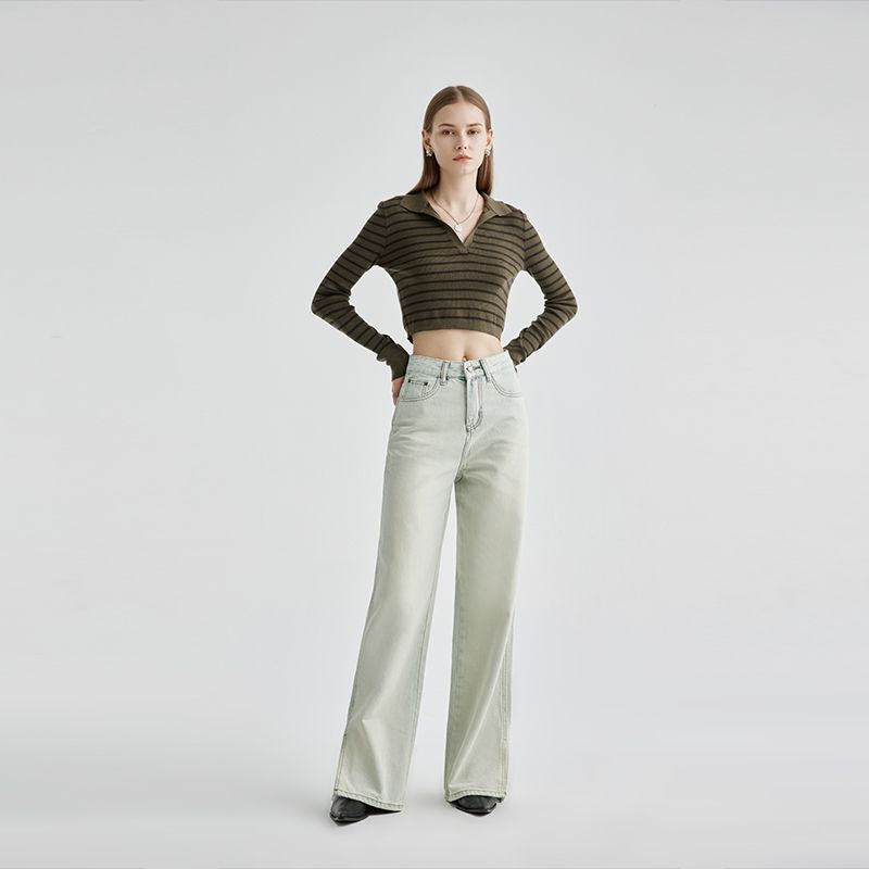 2025 Spring Loose High-end Dipped Wide Leg Jeans Women's Flesh Covering Split High Curve Straight Tube Long Pants
