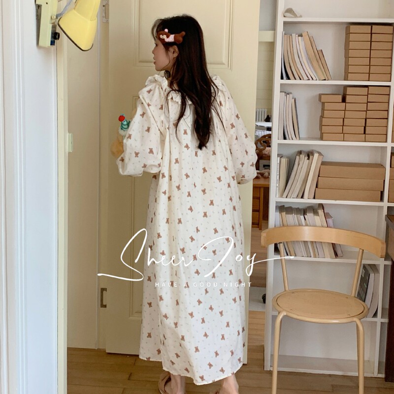 New Pure Cotton Korean Style French Angela Series Long-Sleeved Skirt Women's Home Wear Bear Dream Weaving