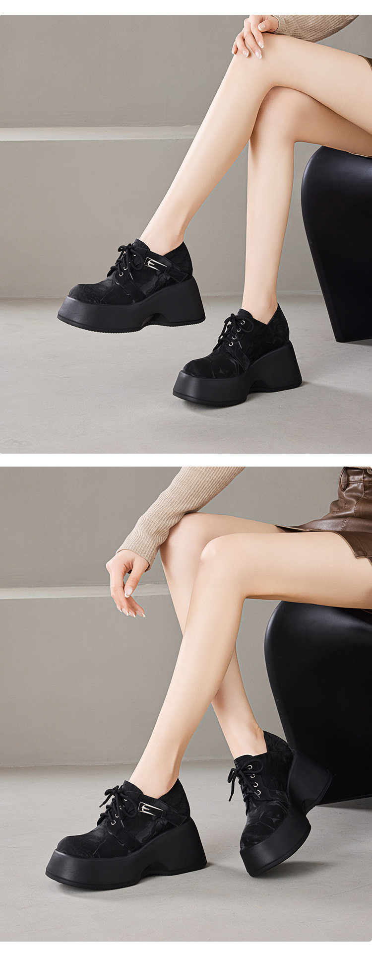 Giày sneaker nữ đế dày 10 cm buộc dây phong cách bệt platform — màu đen chi tiết 5