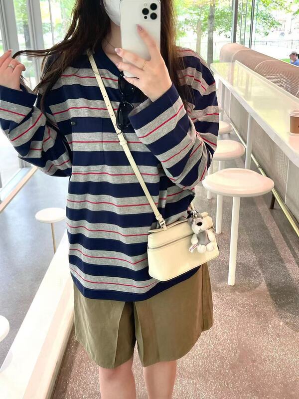 现货高版本miu家宽松百搭长袖t恤女条纹打底衫上衣ins时尚慵懒|undefined