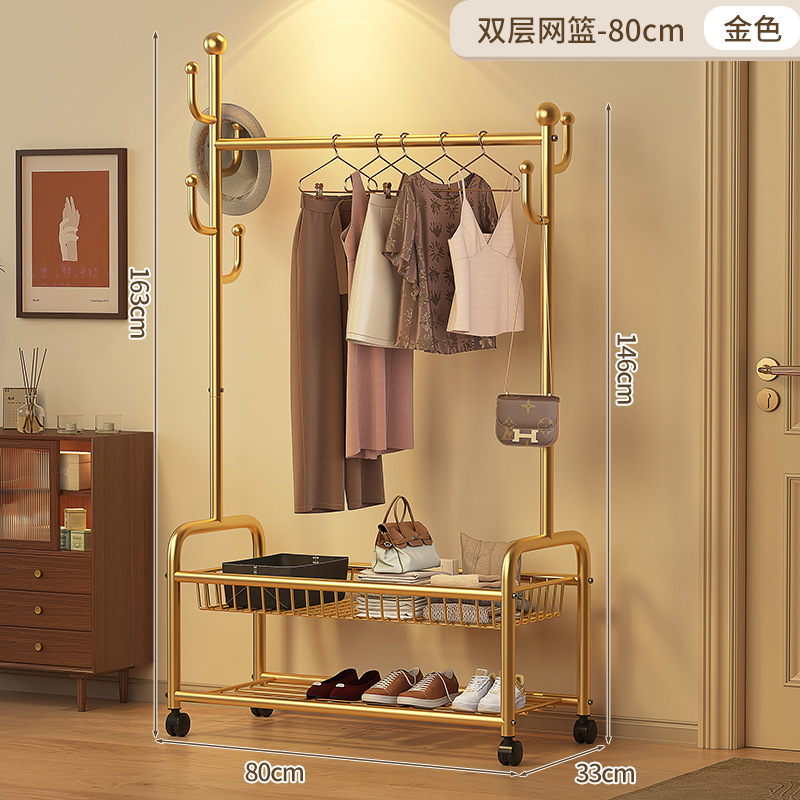 80cm 더블 레이어 메쉬 바스켓 - 라이트 럭셔리 골드 + 후크 6개 + 메탈 유니버설 휠