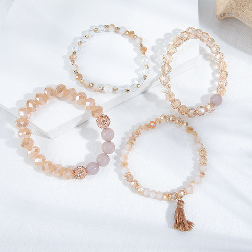 Korean Style Fashion Elastic Cord Multi-Strand Beads Lady Bracelet Set Retro Bohemian Fringe Pendant Jewelry for Women