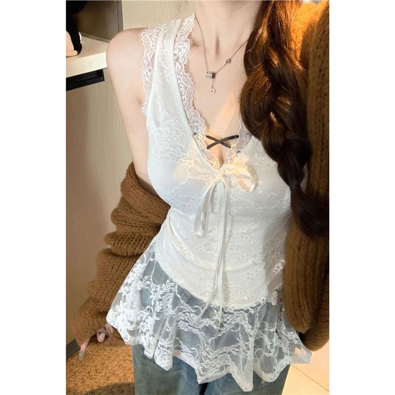 Bow Lace Sleeveless Camisole Women's Spring & Fall New Style Gentle Waist Slimming Look Layered Bottoming Top