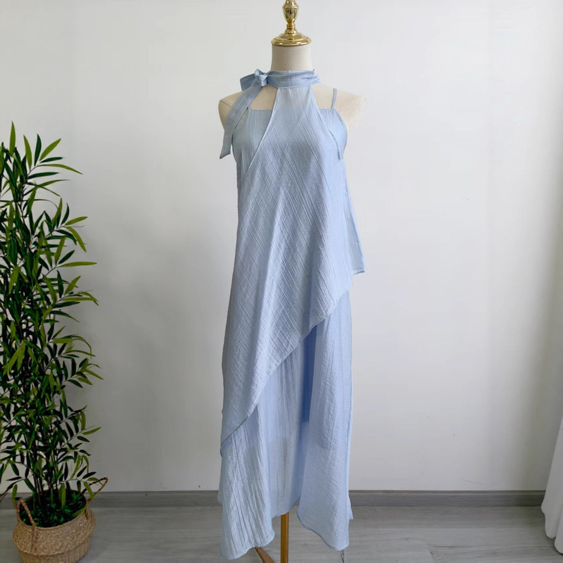 French Style Sleeveless Halterneck Suspender Dress for Women Summer 2025 New Seaside Vacation Asymmetrical Long Skirt
