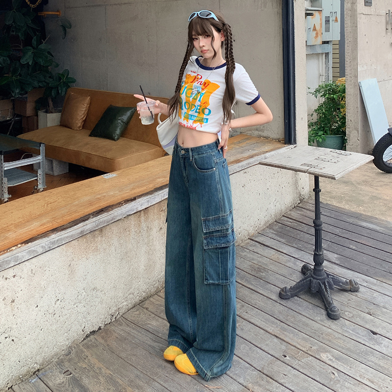 美式复古水洗工装牛仔裤女2025春秋新款高腰宽松显瘦直筒阔腿长裤|undefined