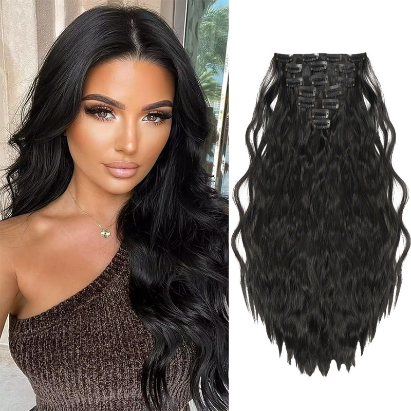European and American Wigs for Women with Long Curly Hair, Water Ripple Hair Extensions, Seven-Piece Set of Clip-In Hair, Chemical Fiber High-Temperature Silk Fluffy Hair Extensions