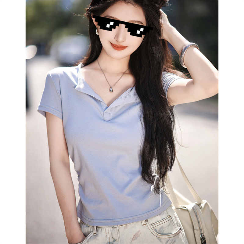 Zhao Daxi's Homemade [Ready Stock] Boss Lady's Private T-Shirt｜V-Neck Simple T-Shirt New Style Right Shoulder T-Shirt for Women