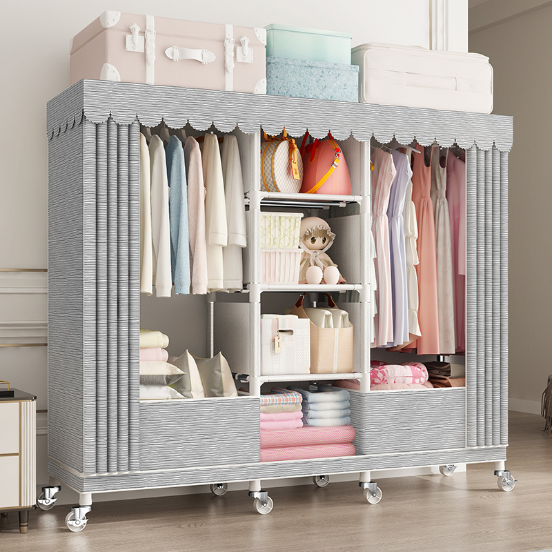 Cremallera completamente cerrado armario de tela simple tubo de acero reforzado en negrita espesado marco de acero completo gabinete de tela de almacenamiento en casa con ruedas