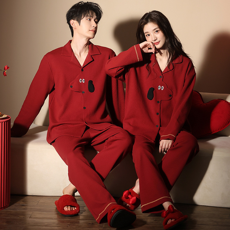 Waffle Cotton Wedding Pajamas for Newlyweds, Spring and Autumn Long-Sleeved Wedding Celebration Zodiac Year All-Cotton Puppy Loungewear Waffle Cotton Wedding Pajamas for Newlyweds, Spring and Autumn Long-Sleeved Wedding Celebration Zodiac Year All-Cotton Puppy Loungewear