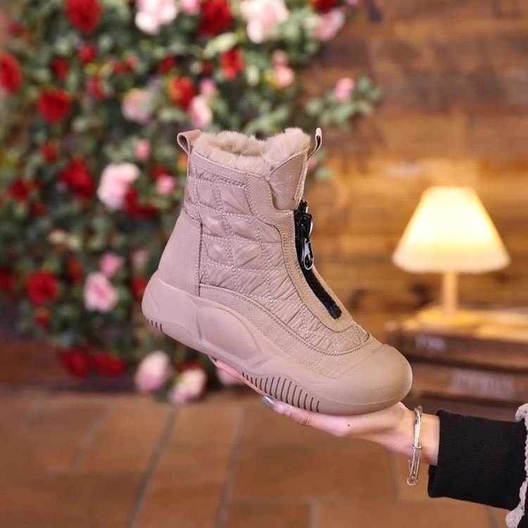 Botas de algodón de goma con cremallera forrada de lana de estilo coreano para madres de mediana edad y ancianas Otoño e invierno zapatos de mujer de moda casual de media punta redonda