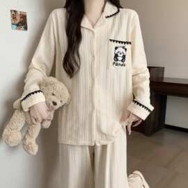 秋冬新款德绒保暖睡衣月牙花边提花卡通熊猫潮女士家居服两件套装