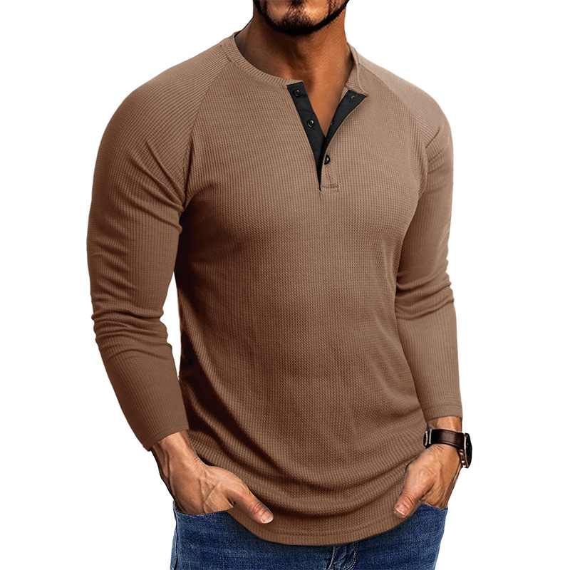 2023 Otoño e Invierno ropa de hombre europea y americana Henry cuello de manga larga Camiseta Comercio exterior camisa de hombre waffle camiseta camisa de fondo