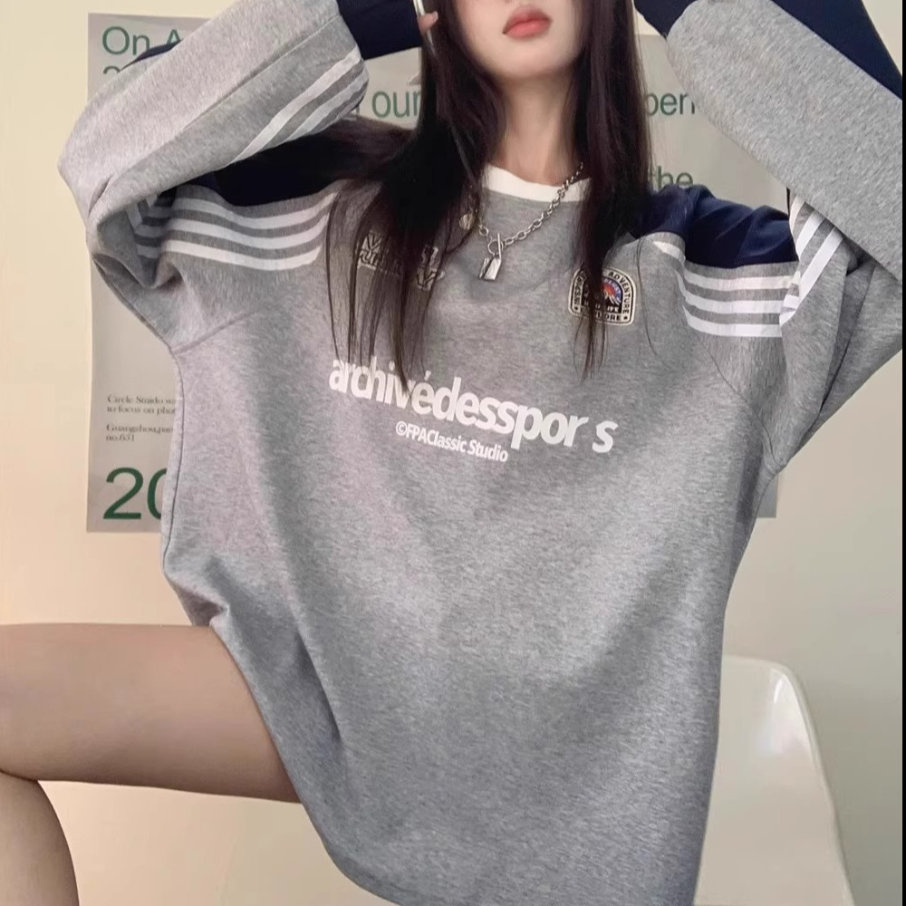 Cross-border American plus size Splicing Color Three-bar Crewneck Sweat Women's Letter Printing Design Niche Top for Couple