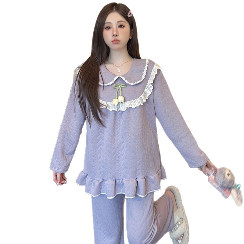 胖mm睡衣女款秋冬季空气棉夹层娃娃领长袖甜美宽松大码家居服套装|undefined