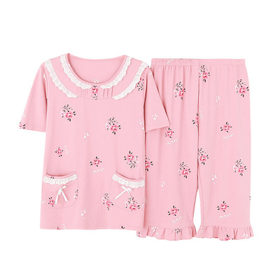 跨境速卖通夏季中年女士短袖七7分裤睡衣妈妈奶奶家居服宽松大码