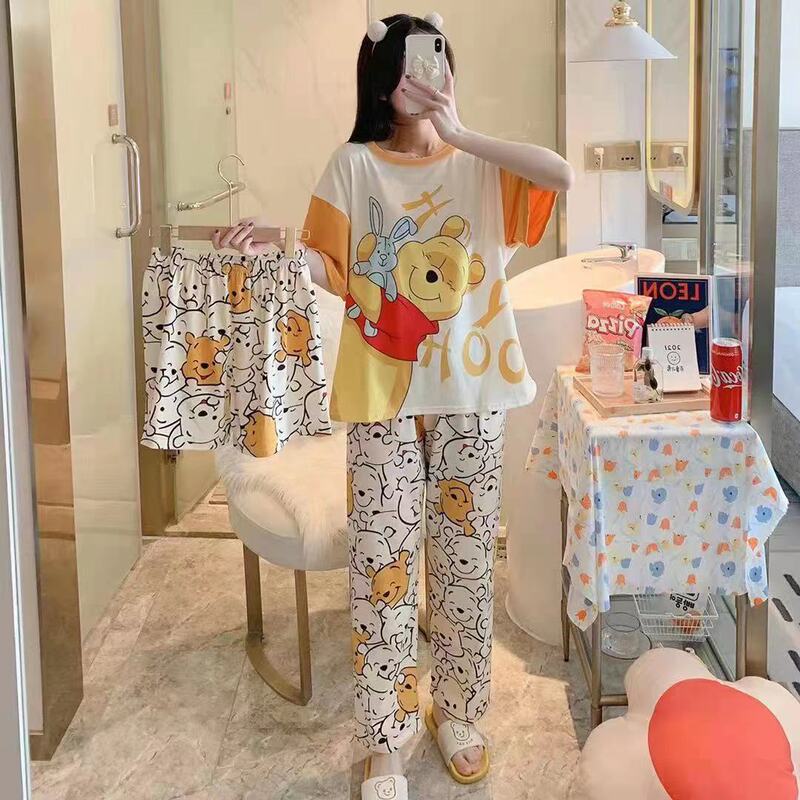 [Factory Store] Pajamas Women's Summer Three-Piece Suit Short-Sleeved Pants Cartoon Loosen Edition Pajamas Home Clothes