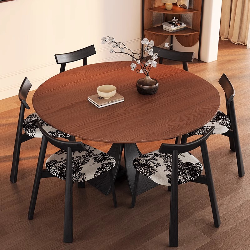 Mesa de comedor retráctil de madera maciza retrógrada francesa, mesa redonda variable, estilo medieval americano, pequeña mesa de comedor plegable, mesa de comedor