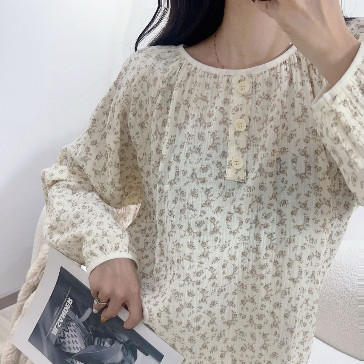 [다크 브라운 장미] 봄 잠옷 소프트 후푸 더블 원사 면 귀여운 옷깃 부드러운 유교 홈 의류 도매