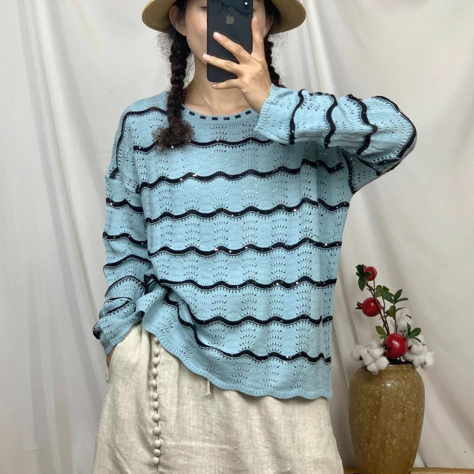 新品文艺百搭宽松休闲圆领镂空条纹圆领针织衫女士毛衣