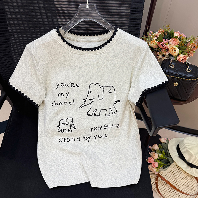 Wholesale Simple Elephant Embroidery T-Shirt for Women, Summer Short-Sleeve Design with a Stylish Touch, Heavy-Duty Crochet Round-Neck Half-Sleeve Top