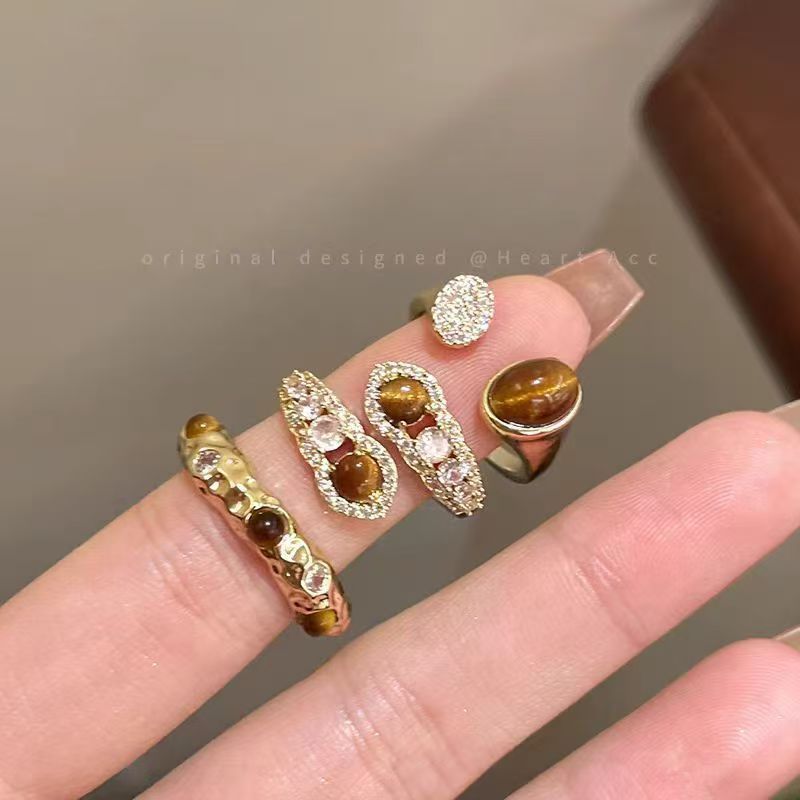 レトロアクセサリーメイラードタイガーアイストーンリングレディースライトラグジュアリーファッションインニッチデザイン多用途ハイエンドハンドアクセサリー|undefined