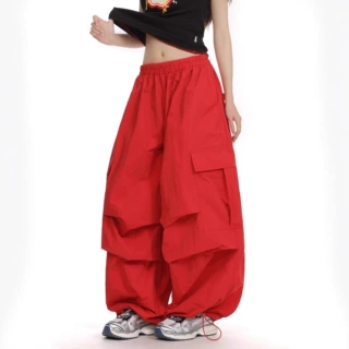 美式复古机能红色工装裤女2025春夏季宽松嘻哈直筒阔腿休闲运动裤