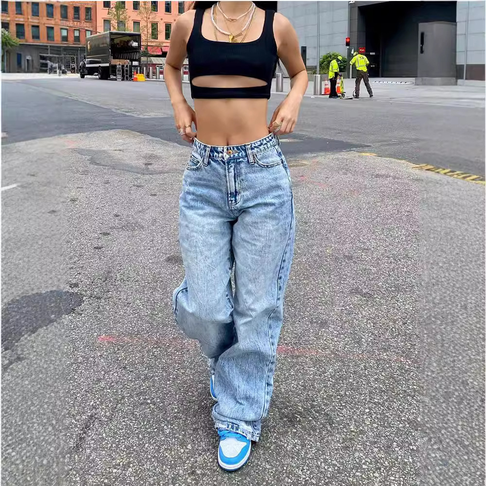 Cross-border TEMU Xisonic Express Ebay European and American Mid-waisted Snowflake Wide-legged Trousers Jeans for Women