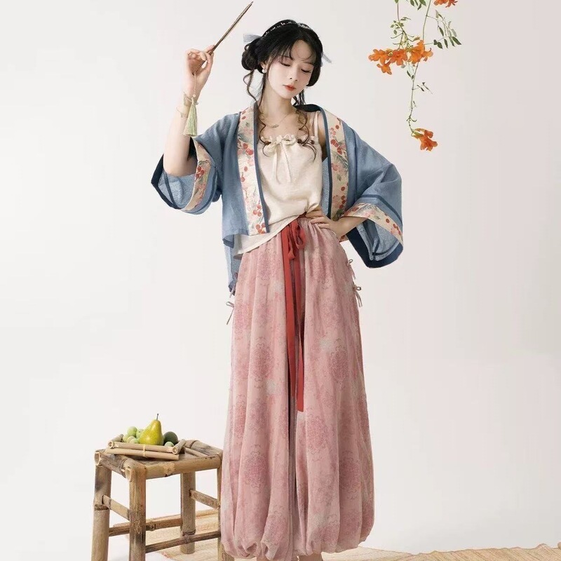 Song Dynasty-Style Hanfu for Women, Daily Improved Han Elements, Summer Short Top, Slimming Suspenders, Lantern Pants, New Chinese-Style Set, Others
