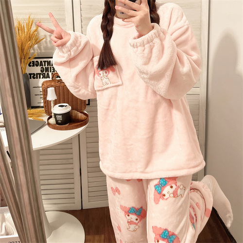 Autumn and winter pajamas for women, flannel long-sleeved trousers, round neck, simple girly warm home clothes set