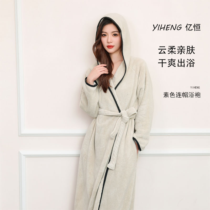 가을과 겨울 홈 성인 잠옷 여성 느슨한 목욕 타월 산호 양털 두꺼운 긴 소매 후드 흡수 목욕 가운 착용